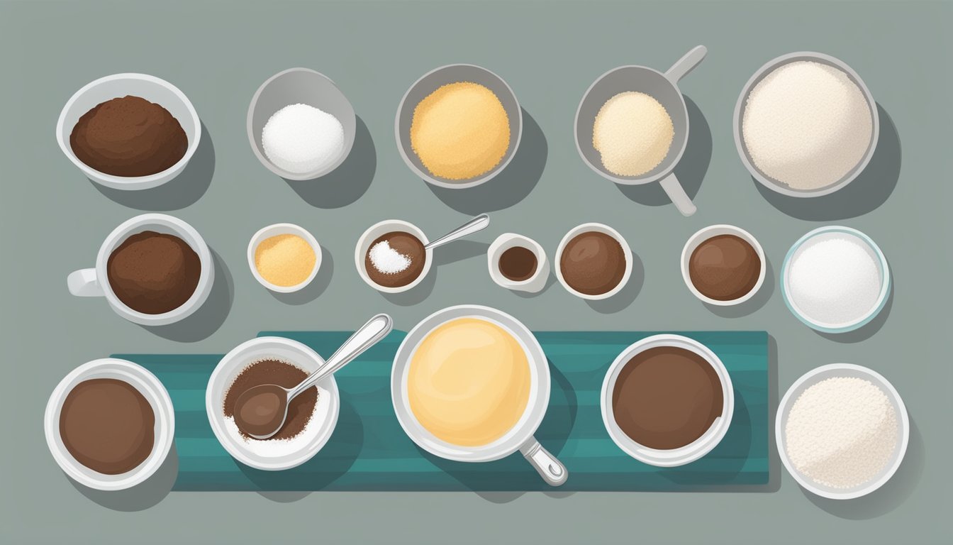 A table with bowls of flour, sugar, and cocoa. Measuring cups and spoons laid out neatly. A recipe book open to a page on cake mix