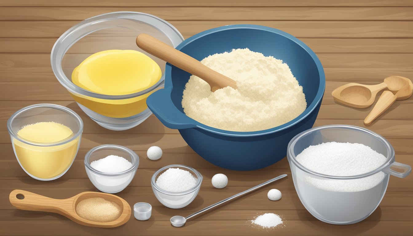 A mixing bowl with flour, sugar, and butter, surrounded by measuring cups and spoons, and a rolling pin on a wooden surface