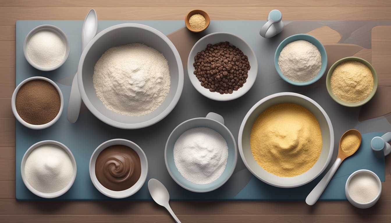 A countertop with bowls of flour, sugar, and chocolate chips, along with measuring cups and spoons laid out neatly