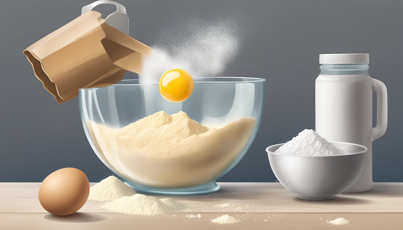 A hand pouring flour from a measuring cup into a mixing bowl, with a bowl of sugar and a carton of eggs nearby