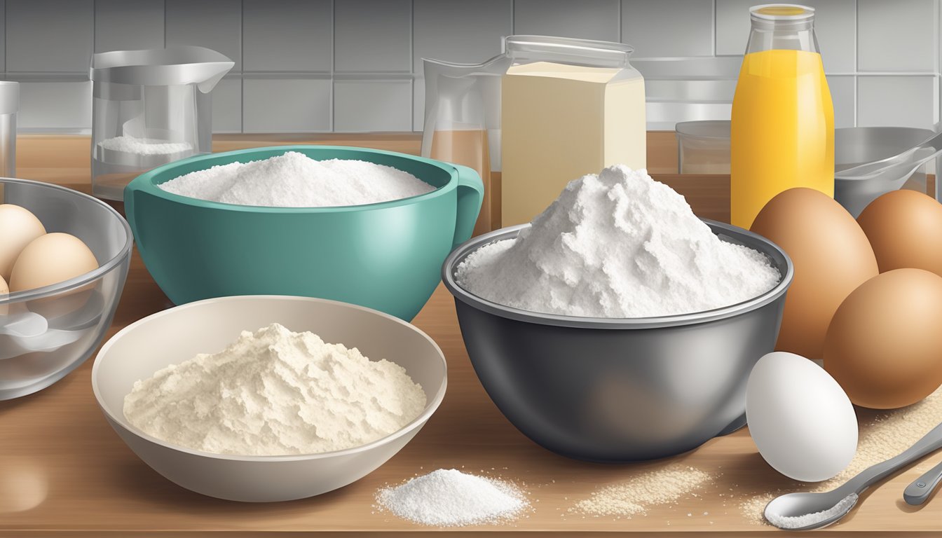 A mixing bowl with flour, sugar, and eggs. Measuring cups and spoons on a countertop. A recipe book open to a cake mix recipe