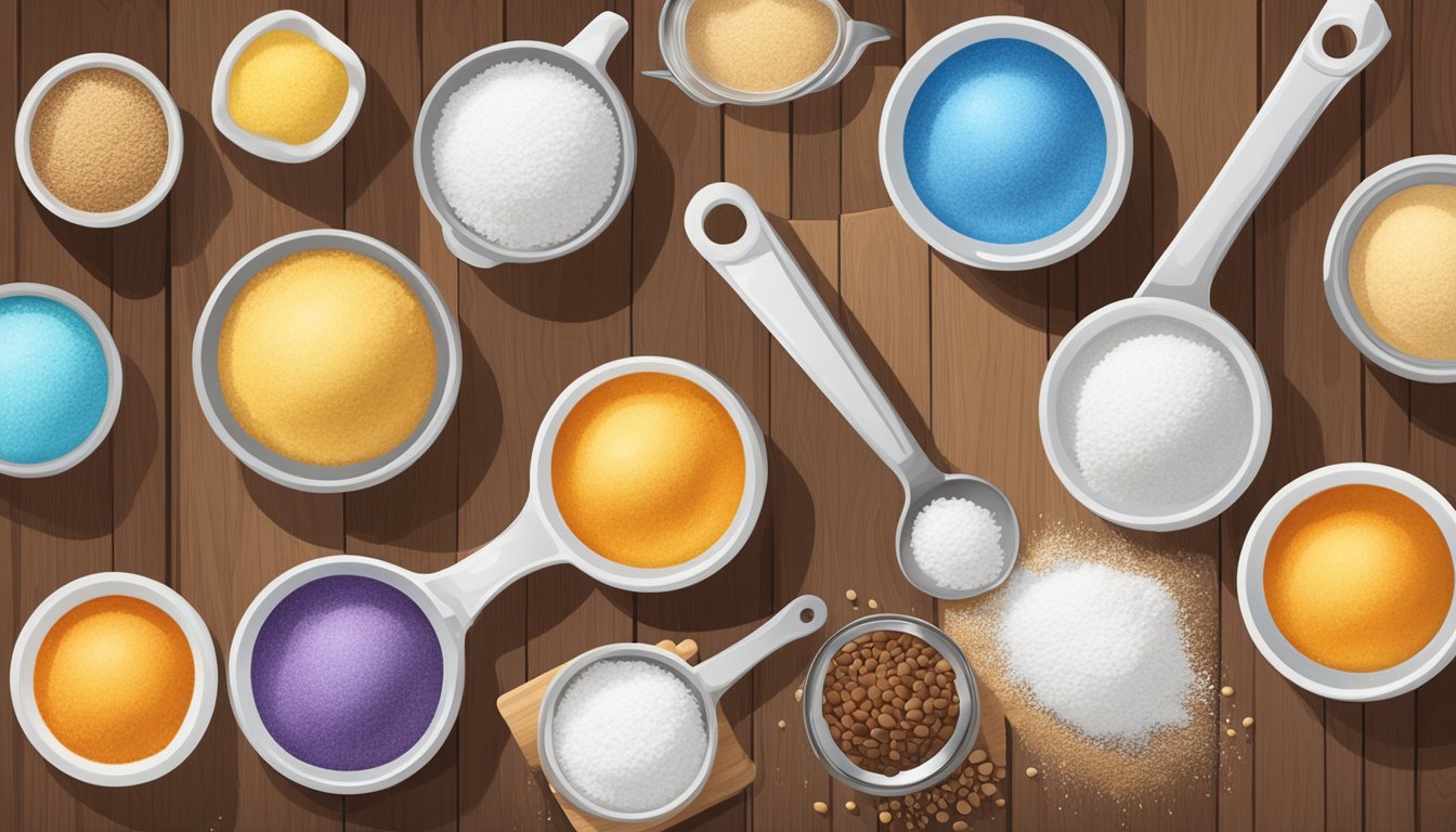 A set of measuring cups and spoons arranged neatly on a wooden countertop, surrounded by bowls of flour, sugar, and other baking ingredients