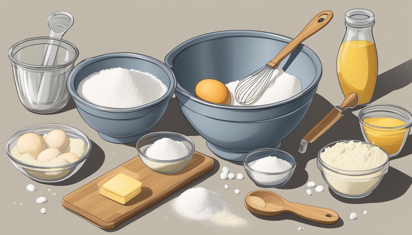 A mixing bowl with flour, sugar, and eggs, surrounded by measuring cups and spoons, a whisk, and a recipe card