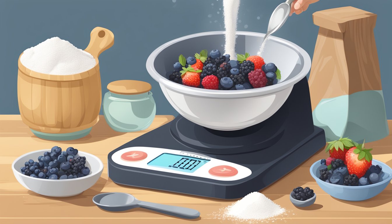 A mixing bowl on a kitchen scale, with flour and berries being poured in, a measuring cup, and a spoon nearby