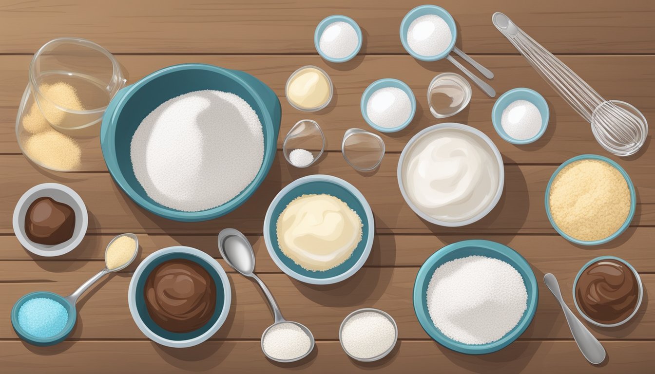 A countertop with bowls of flour, sugar, and chocolate chips, along with measuring cups and spoons, ready for a homemade cookie recipe