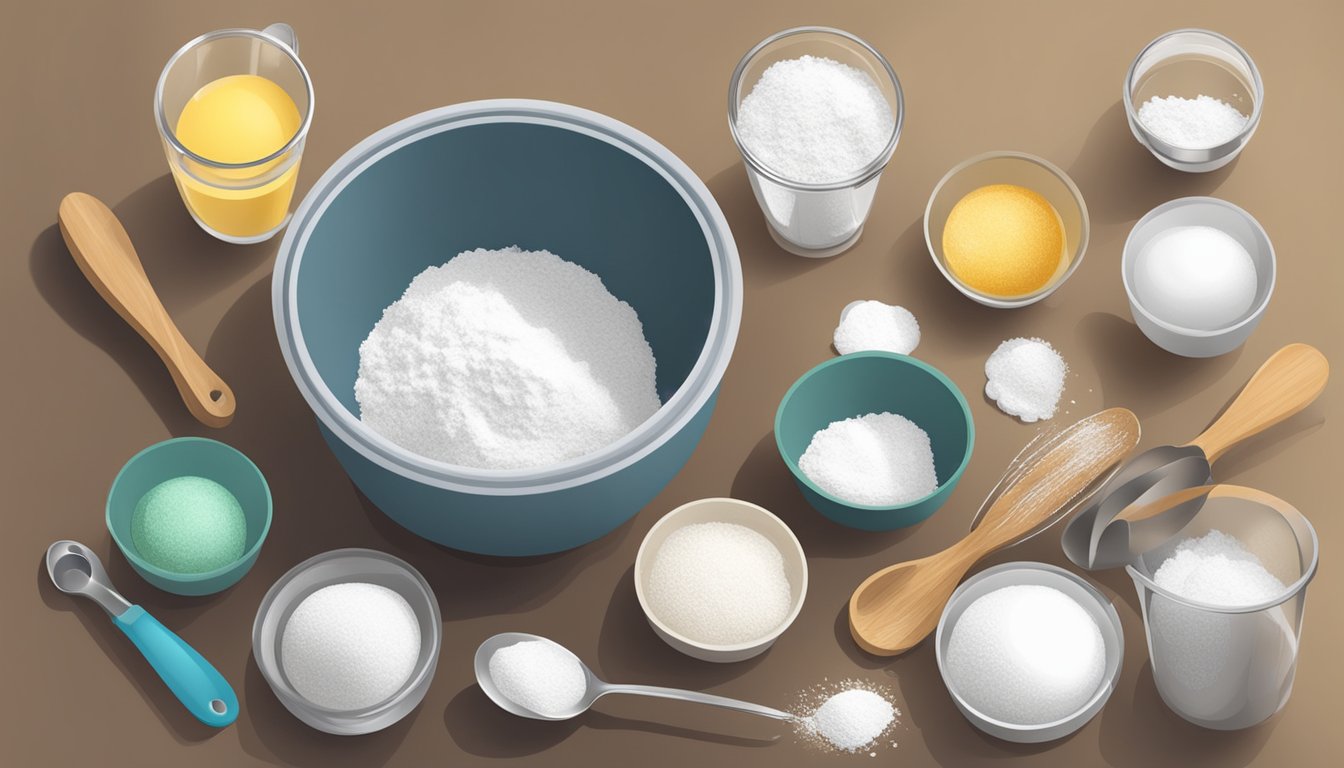 A mixing bowl with flour, sugar, and eggs on a kitchen counter, surrounded by measuring cups and spoons