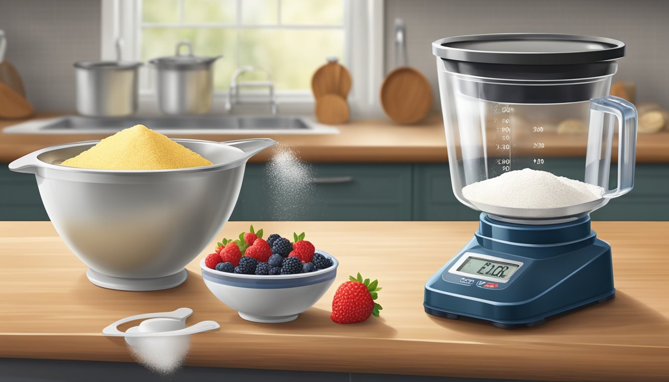 A kitchen scale measures flour and berries in separate bowls. Airtight containers hold sugar and butter. A sifter rests on the counter