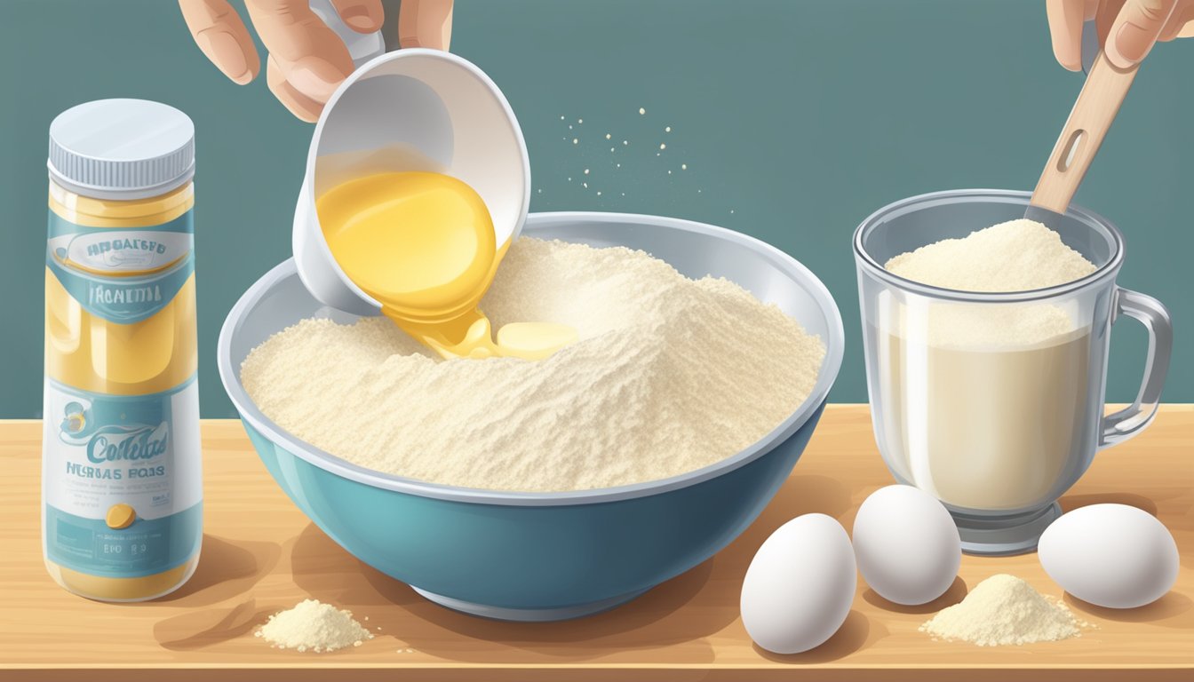 A hand pouring flour into a mixing bowl, next to a measuring cup filled with sugar, and a bowl of eggs and butter