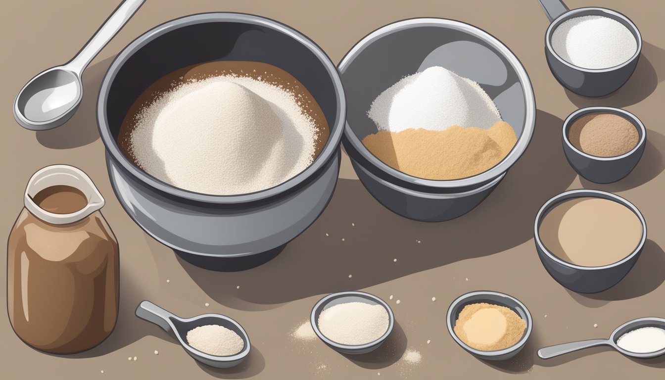 A countertop with bowls of flour, sugar, and cocoa powder, along with measuring cups and spoons, ready to be used for a homemade cake mix