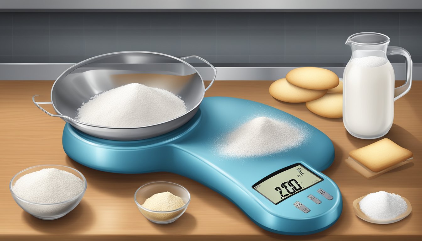 A kitchen scale weighing flour and sugar for cookie recipe