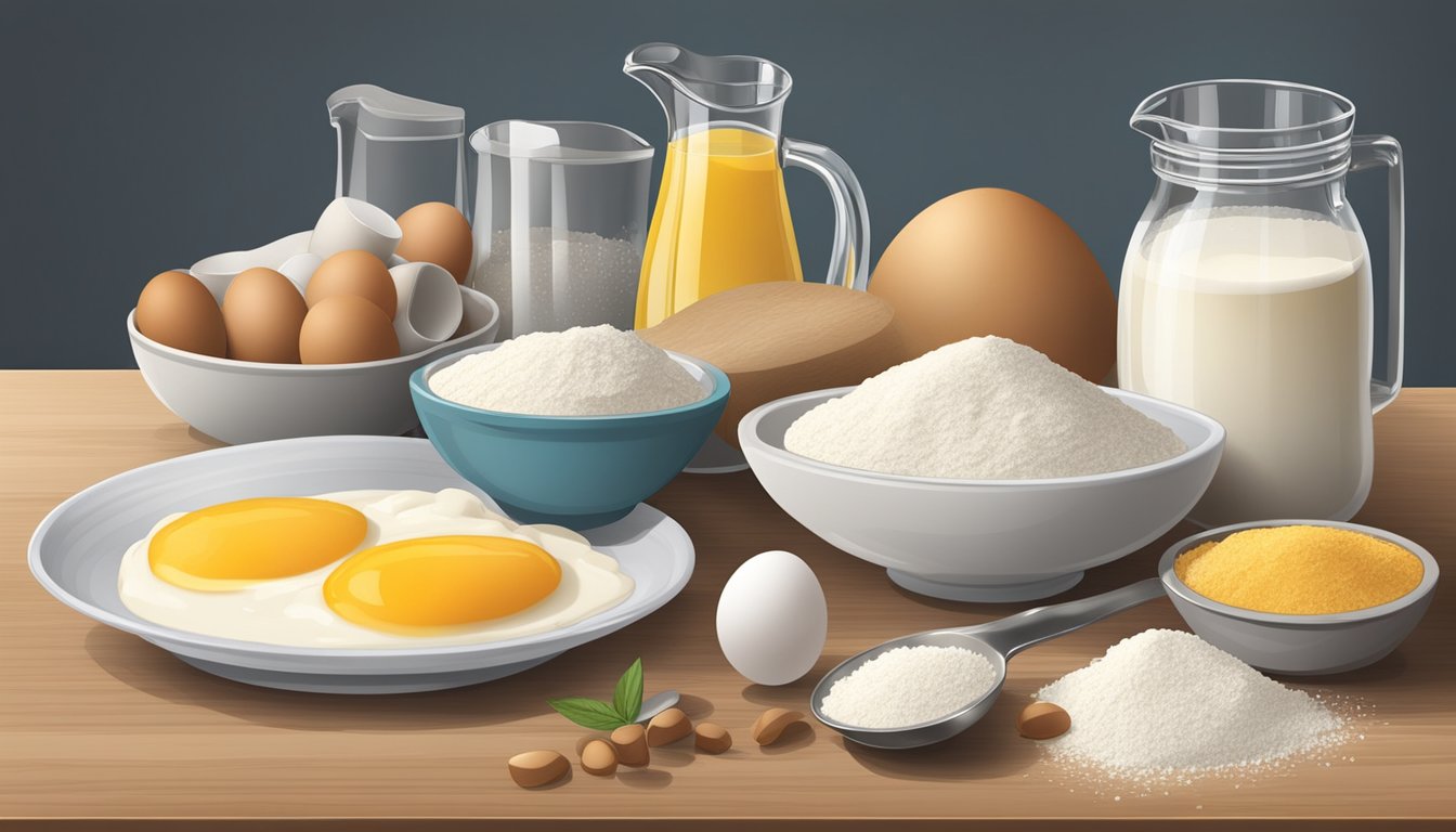 A table with assorted ingredients - flour, sugar, eggs, milk, and measuring cups and spoons. A recipe book open to a page with instructions