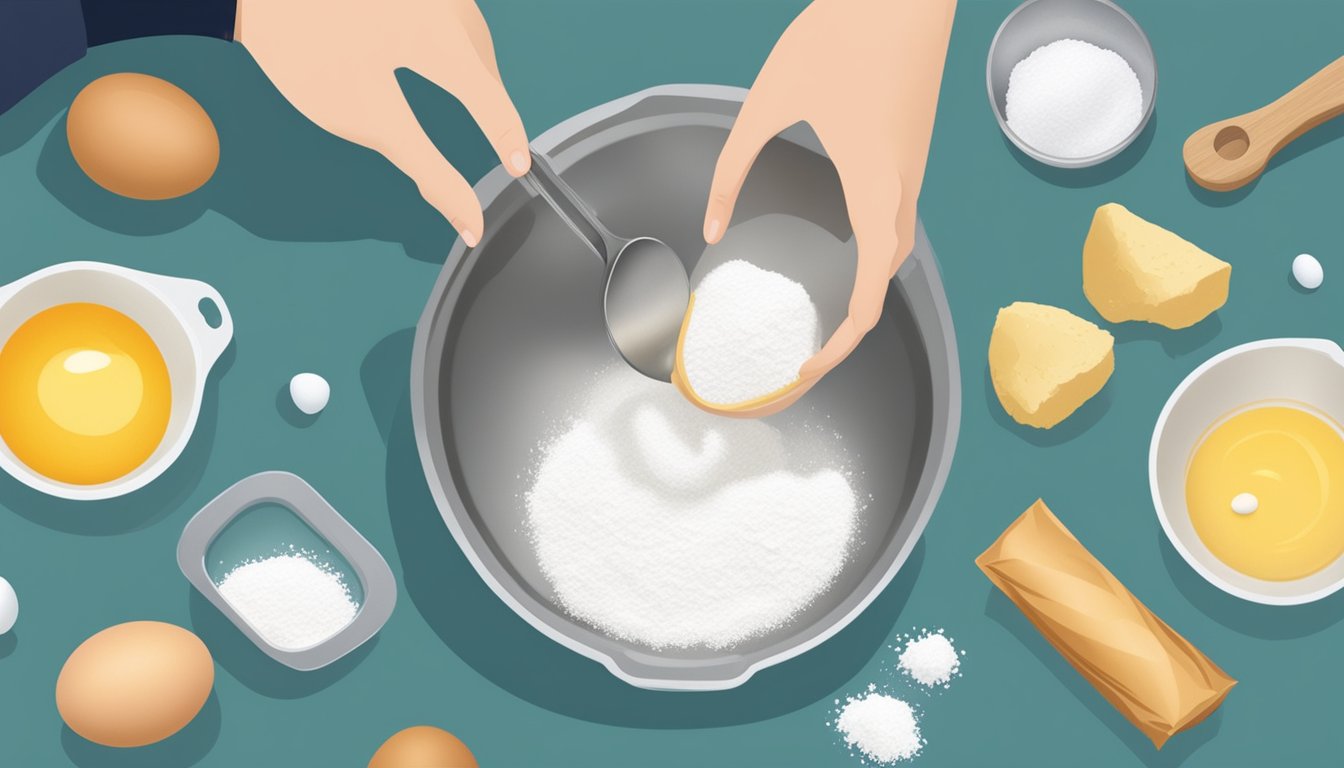 A hand pouring flour from a measuring cup into a mixing bowl, with a bag of sugar and a carton of eggs nearby