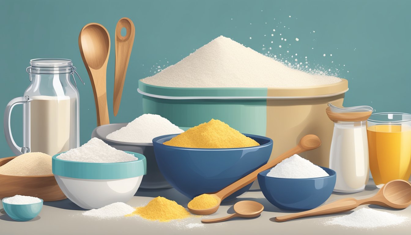 A kitchen counter with various measuring cups and spoons, a mixing bowl, and ingredients like flour and sugar scattered around