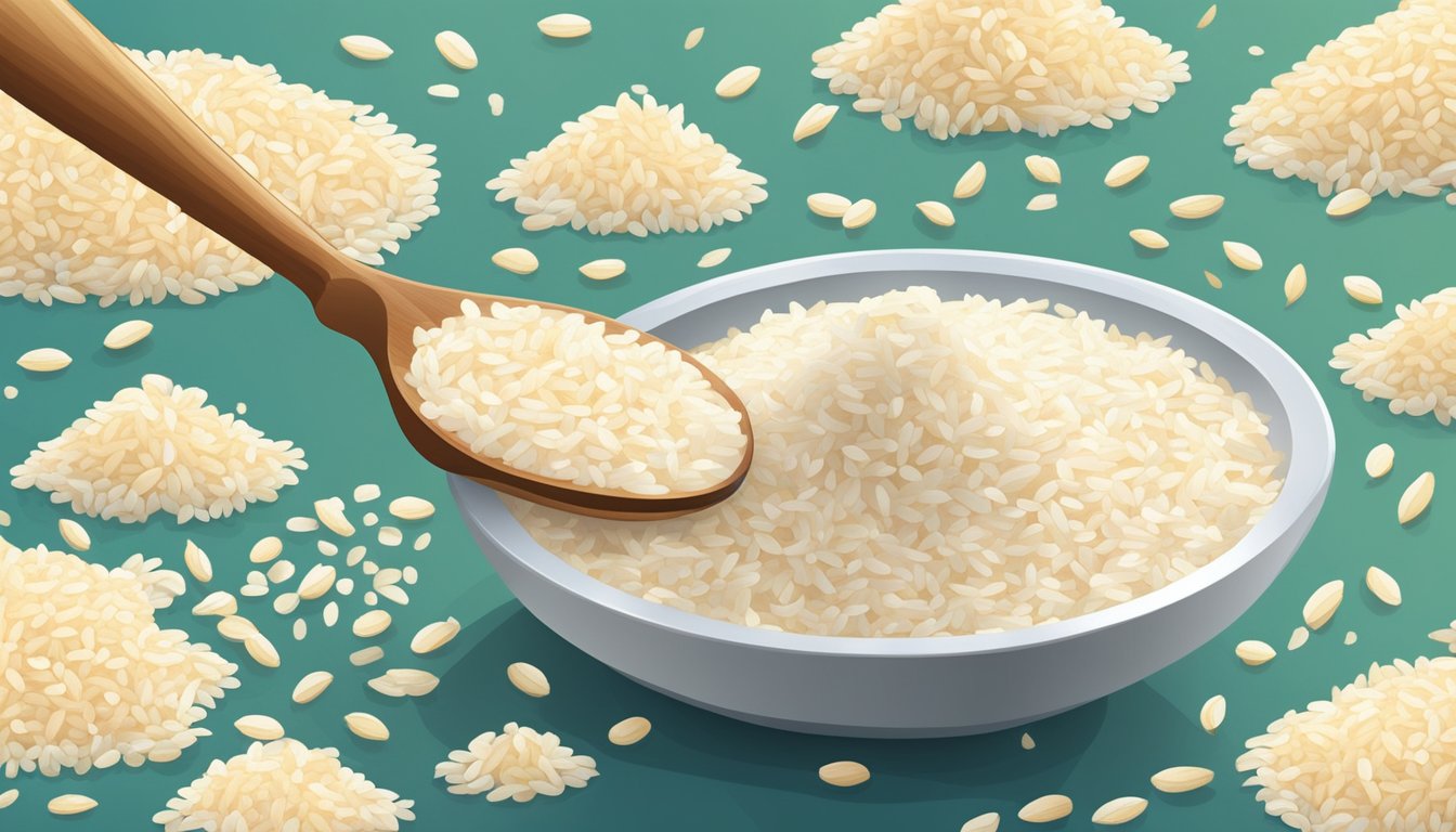 A pound of rice flour pouring into a measuring spoon, surrounded by scattered rice grains