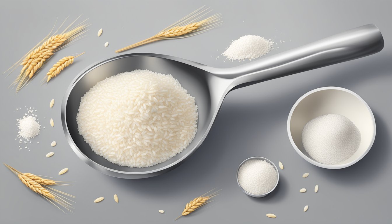 A pound of rice flour pouring into a measuring spoon, with additional spoons lined up nearby for comparison