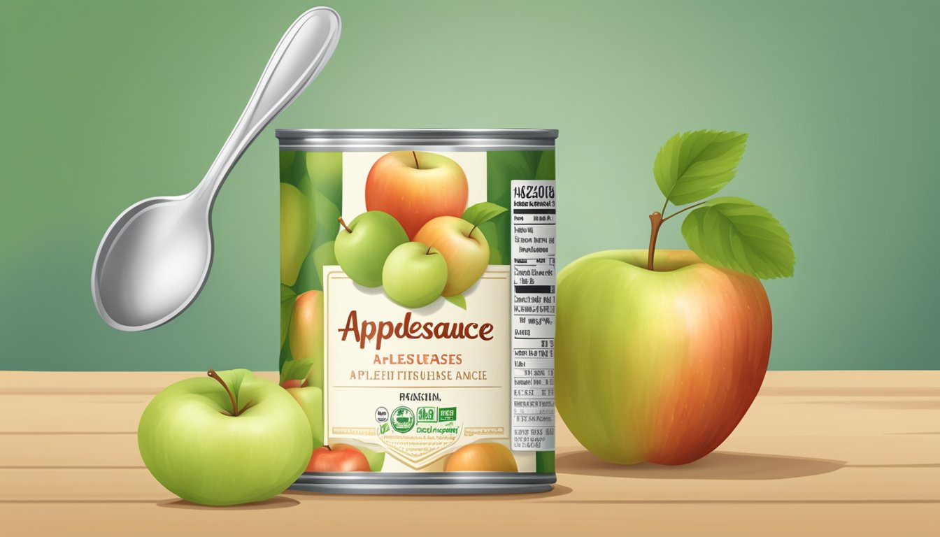 A can of applesauce with a label indicating the number of ounces, surrounded by apples and a spoon