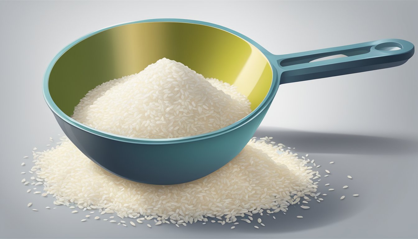 A pound of rice flour spilling out of a measuring cup, with scattered tablespoons nearby