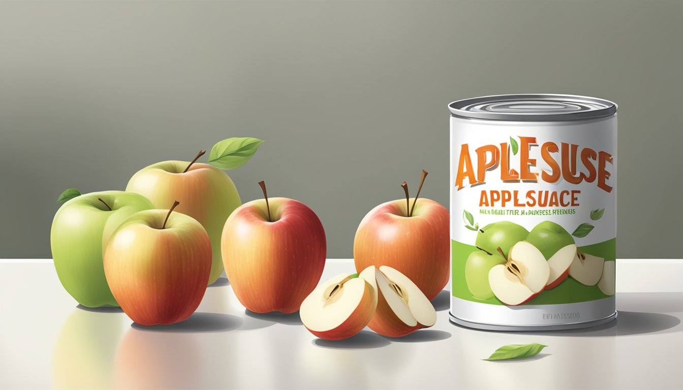 A can of applesauce sits on a white countertop, surrounded by scattered apple slices and a measuring cup. The can is open, revealing the contents inside