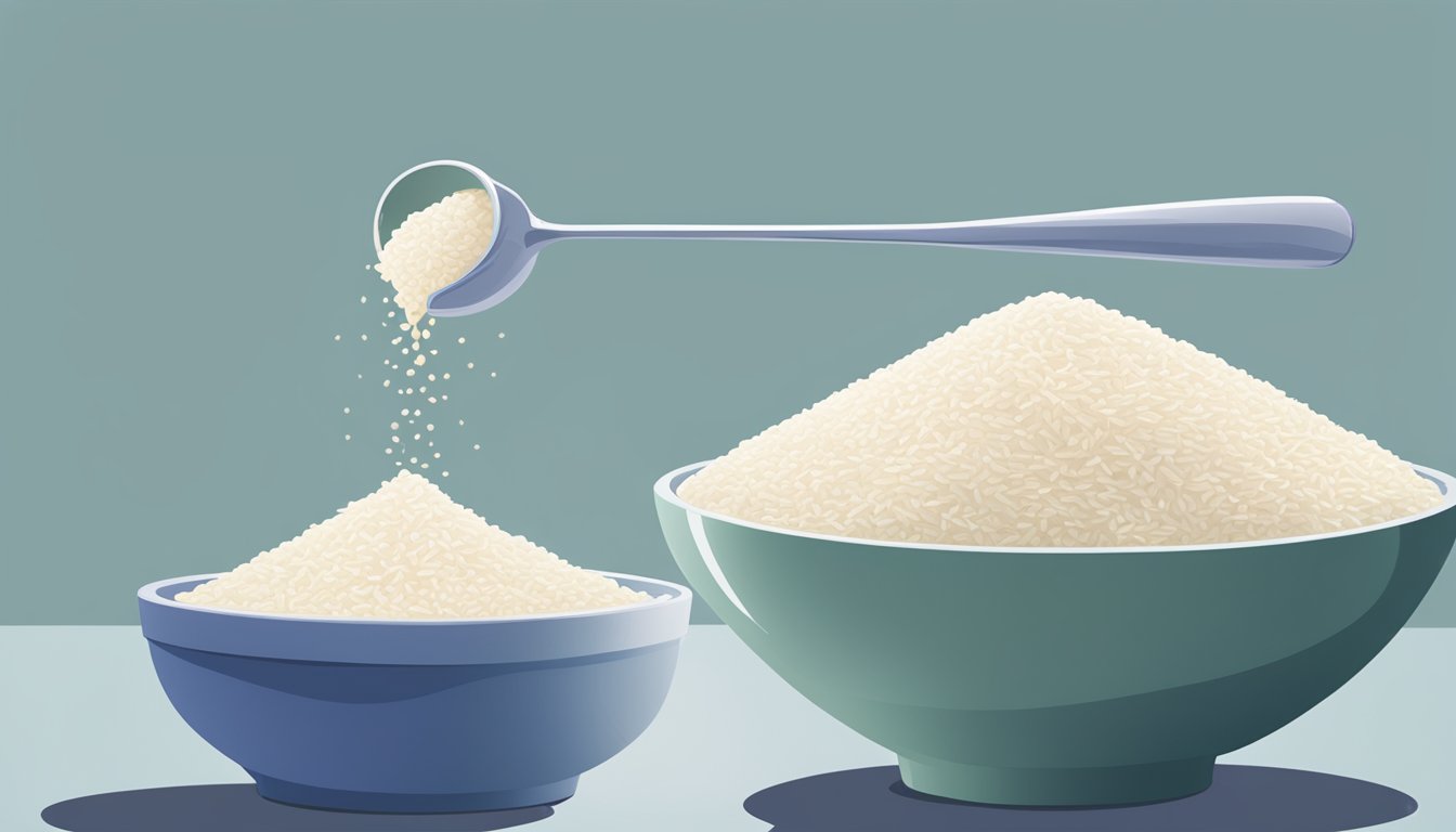 A pound of rice flour pouring into a measuring cup, with tablespoons lined up next to it