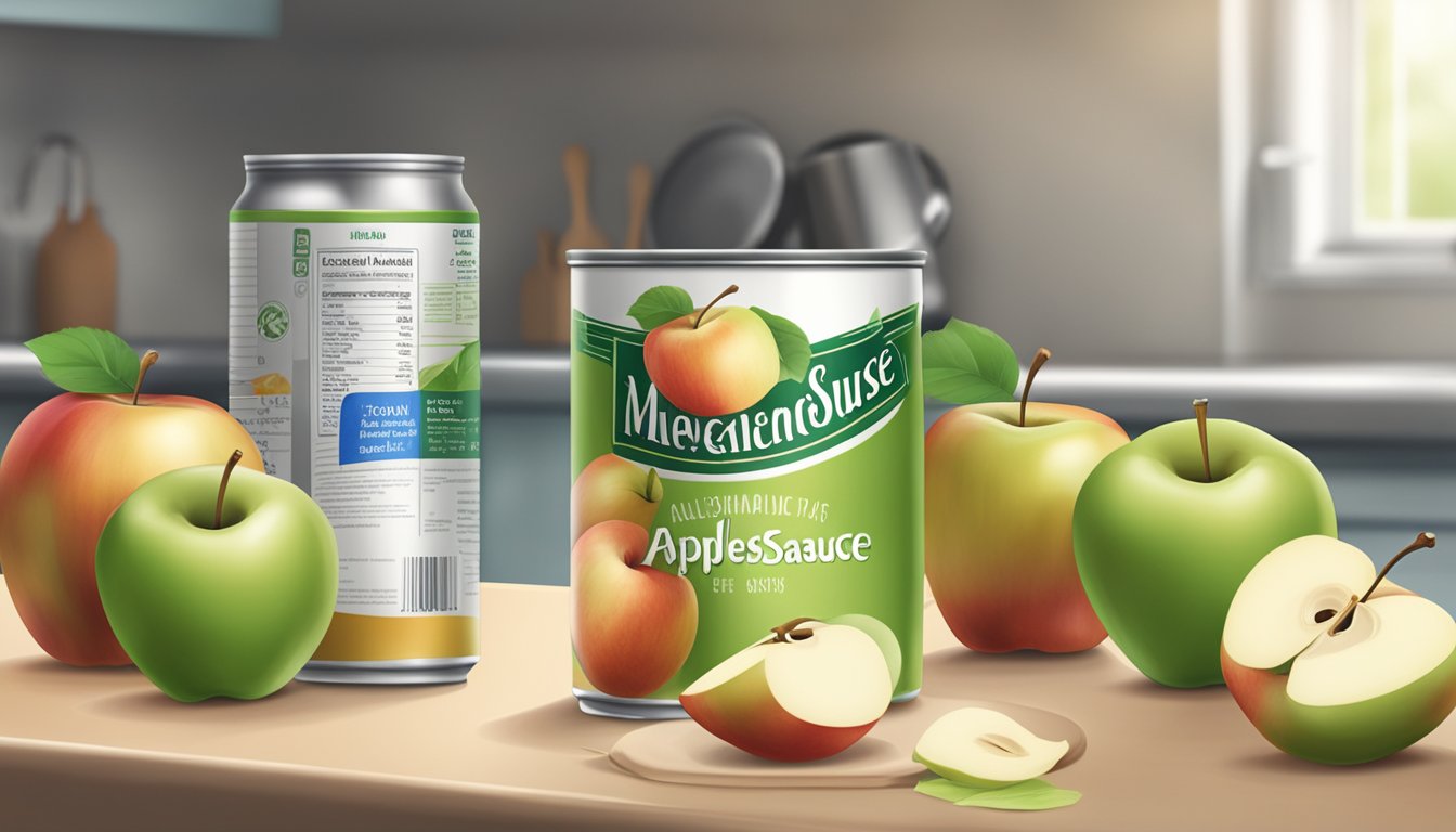 A can of applesauce sits on a kitchen counter, surrounded by fresh apples and a measuring cup. The can is open, and the applesauce is being poured into the cup