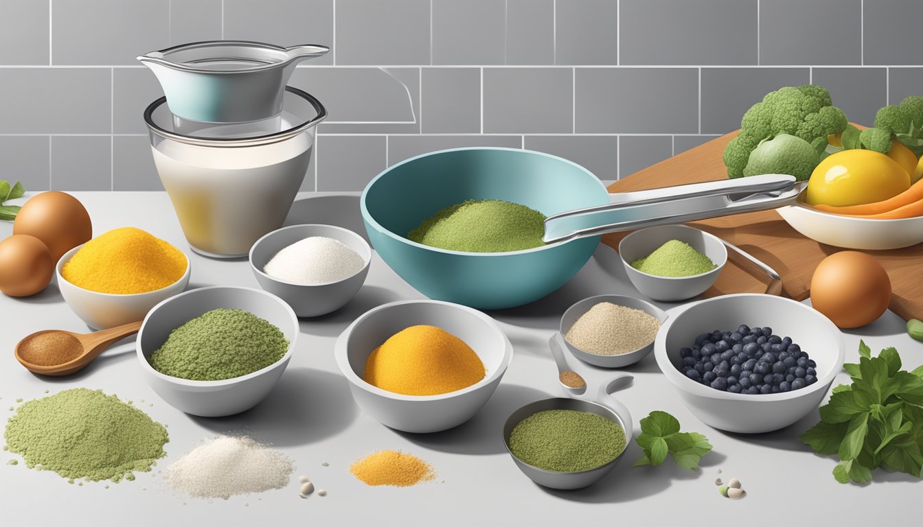 A set of measuring cups and spoons, a mixing bowl, and various ingredients arranged on a clean kitchen counter