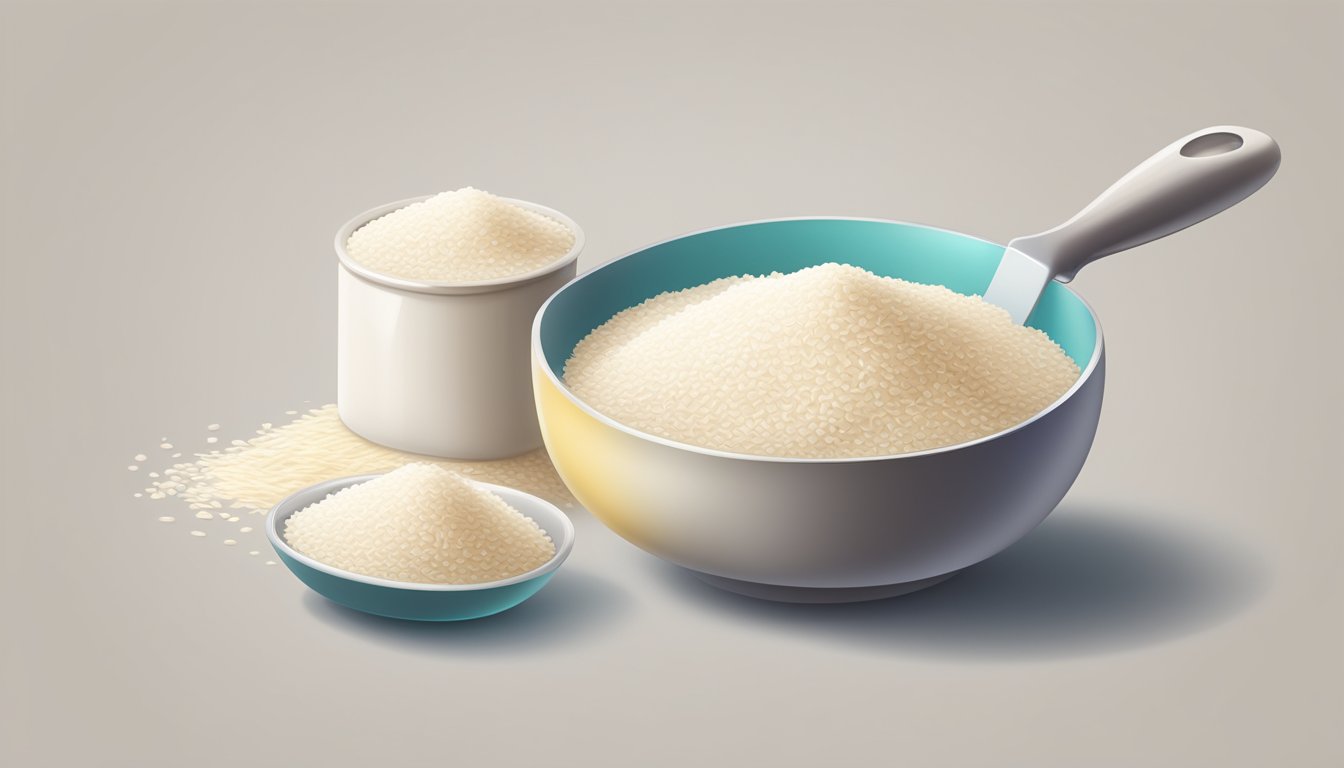 A pound of rice flour poured into a measuring cup, with a stack of tablespoons next to it