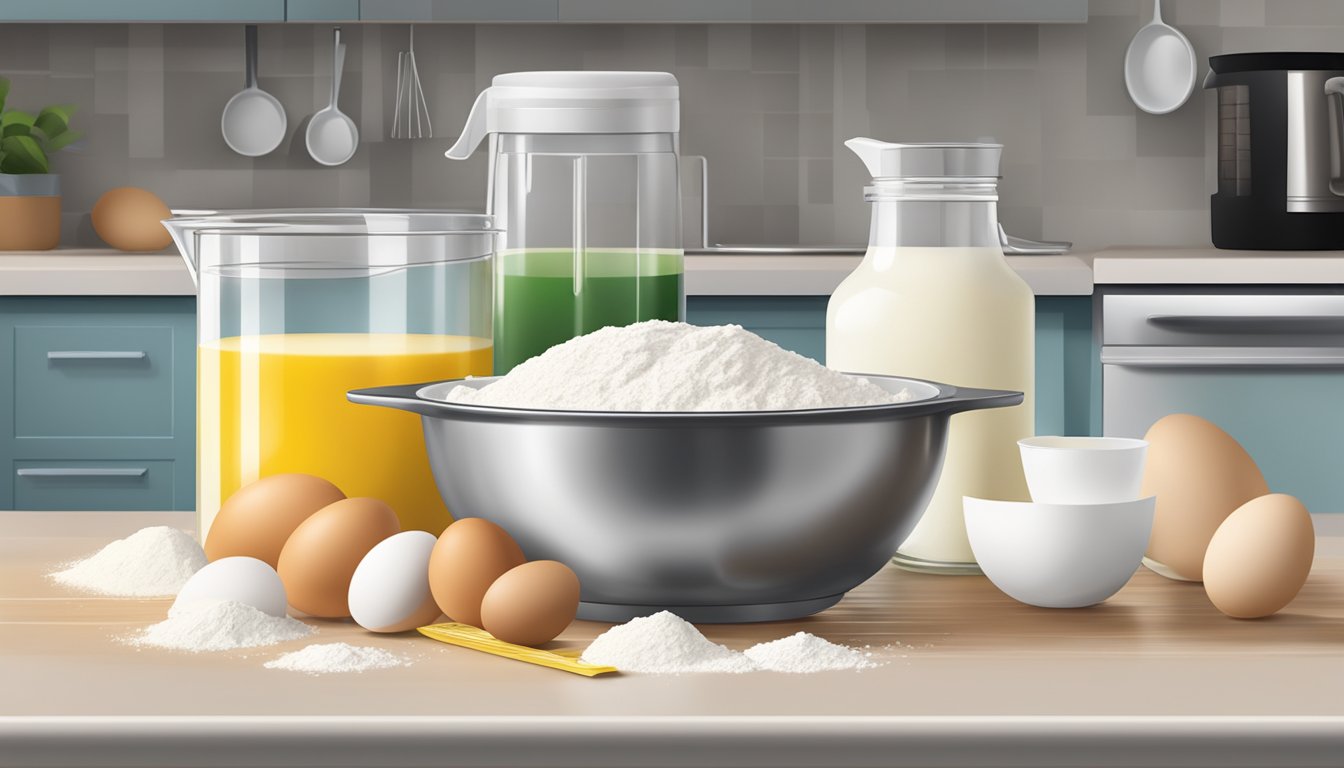 A mixing bowl with flour, eggs, milk, and a measuring cup on a kitchen counter