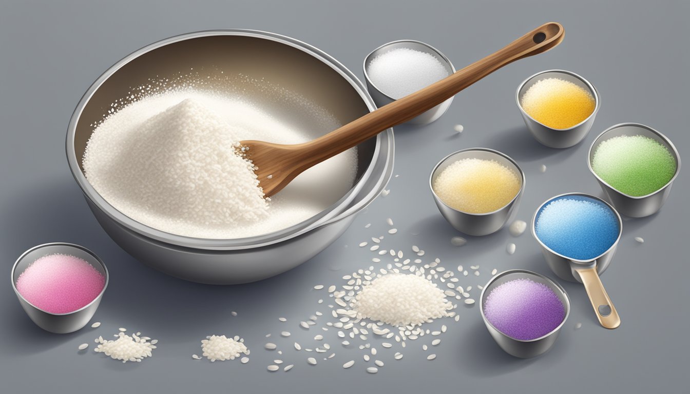 A pound of rice flour spills from a measuring cup, surrounded by scattered measuring spoons