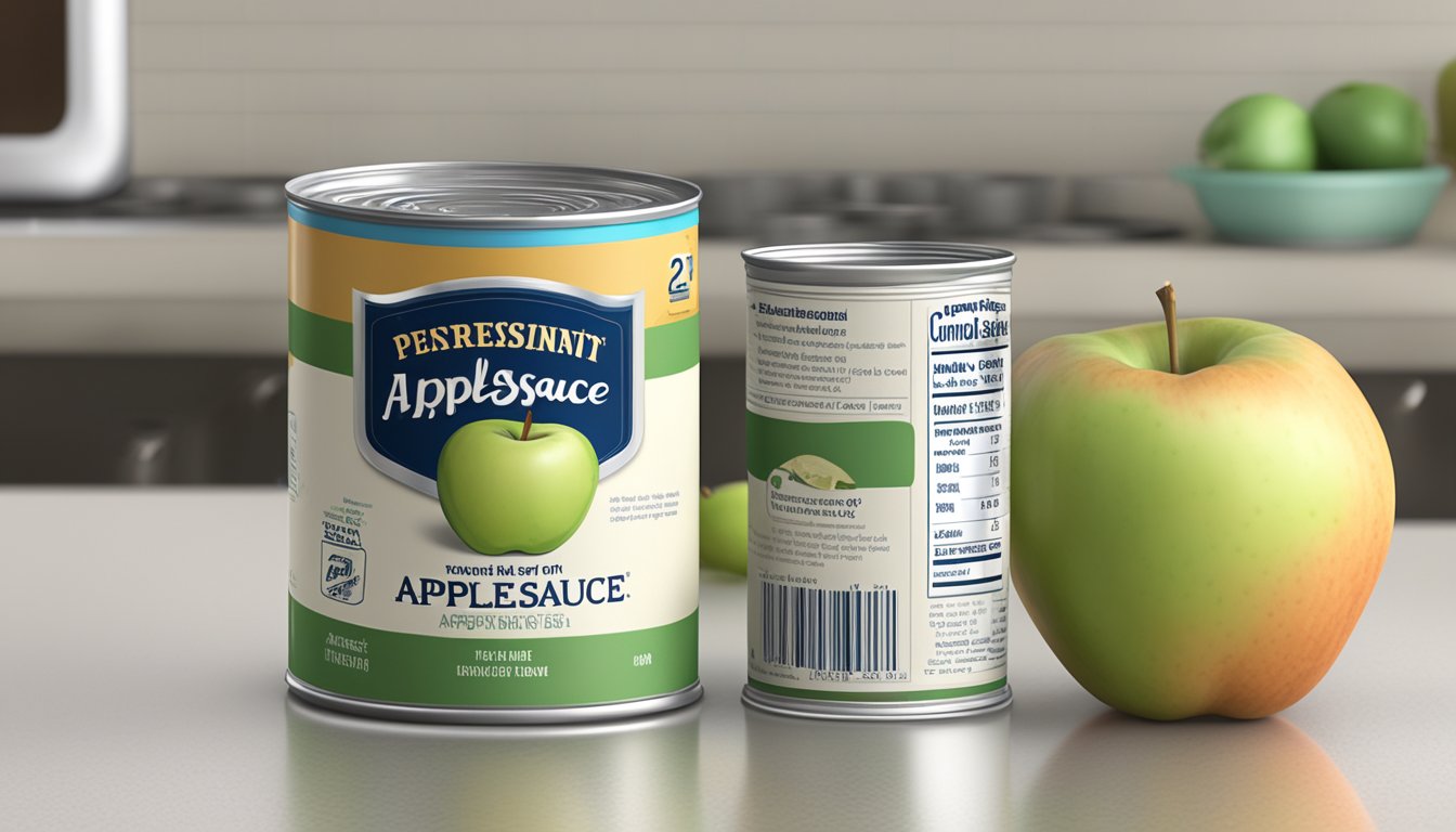 A can of applesauce sits on a kitchen counter next to a measuring cup. The label on the can states "24 ounces."