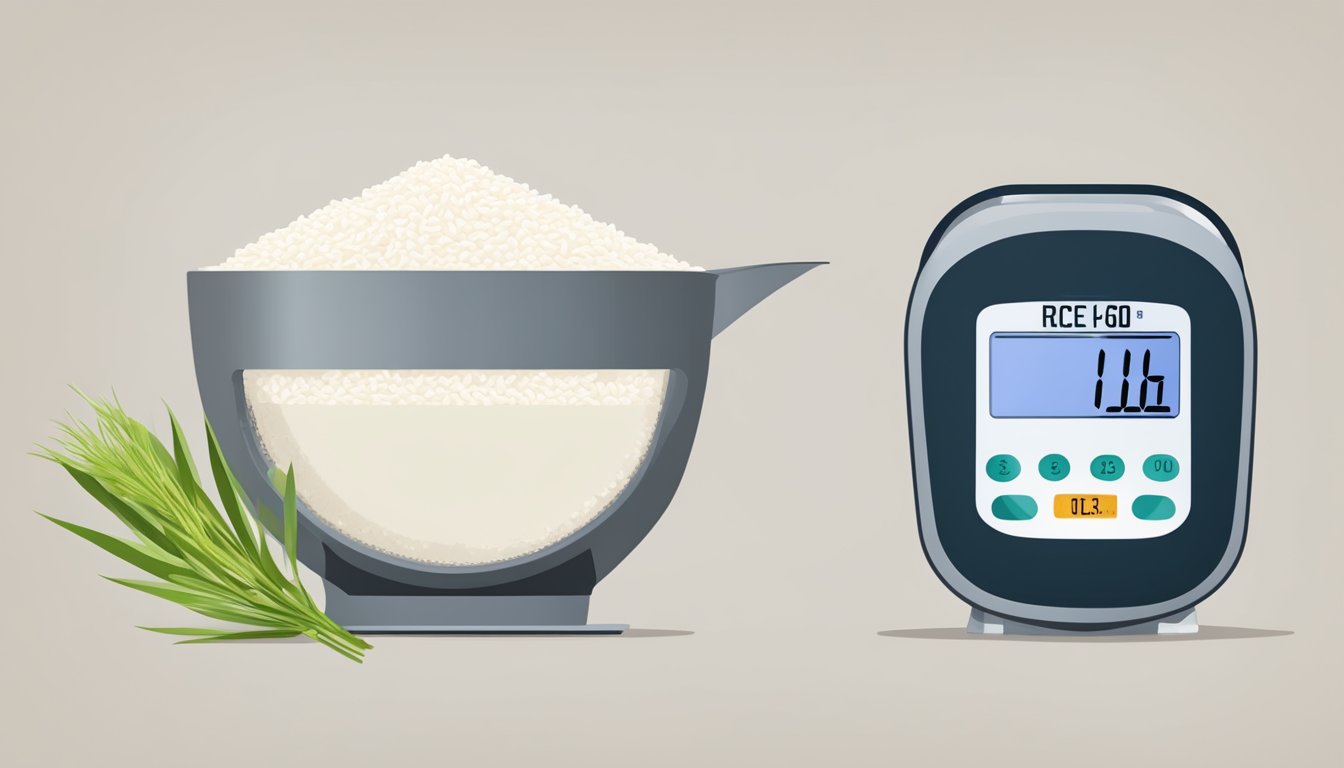 A measuring cup filled with rice flour next to a digital scale displaying one pound