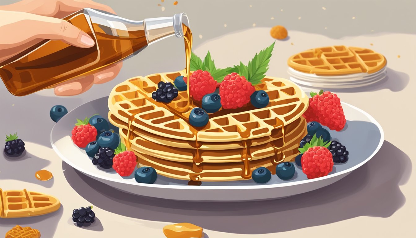 A hand pouring maple syrup and sprinkling fresh berries onto a stack of golden homemade waffles