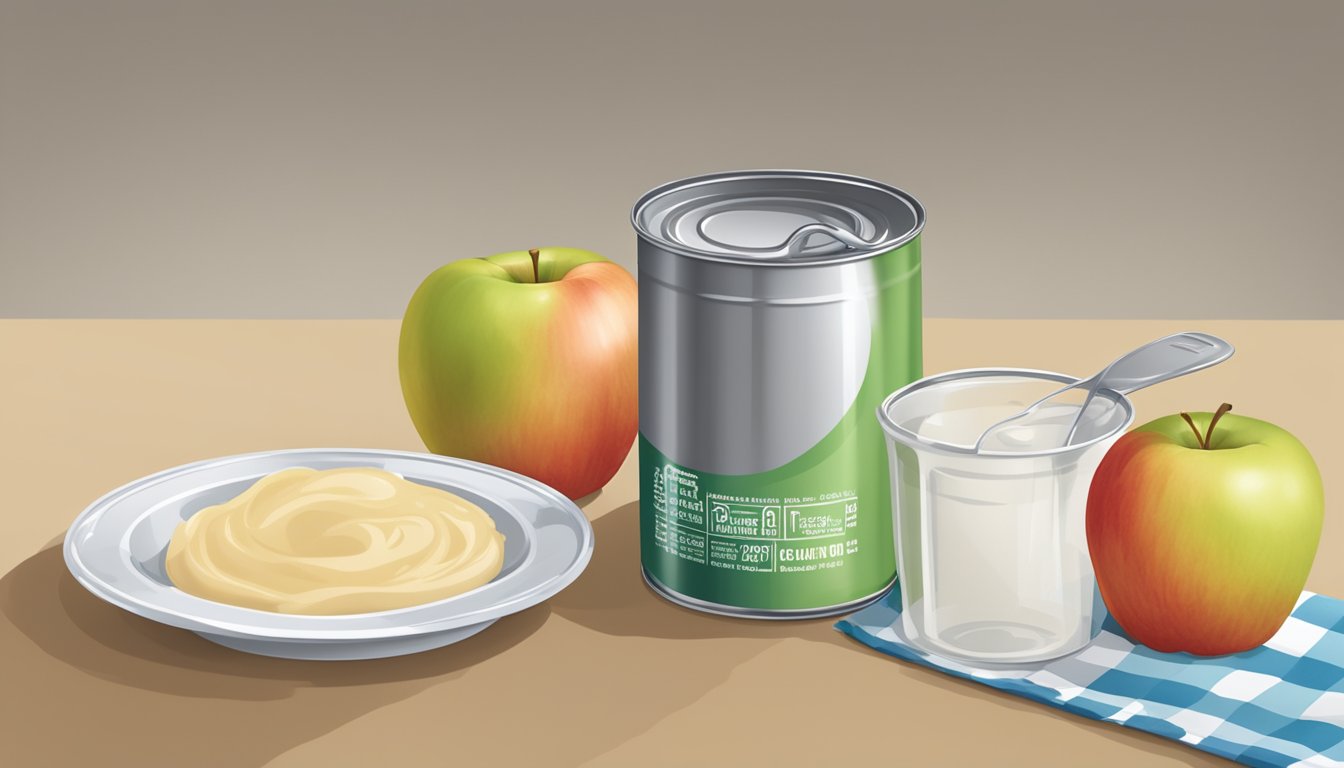 A can of applesauce, open and partially emptied, with a measuring cup next to it, showing 15 ounces