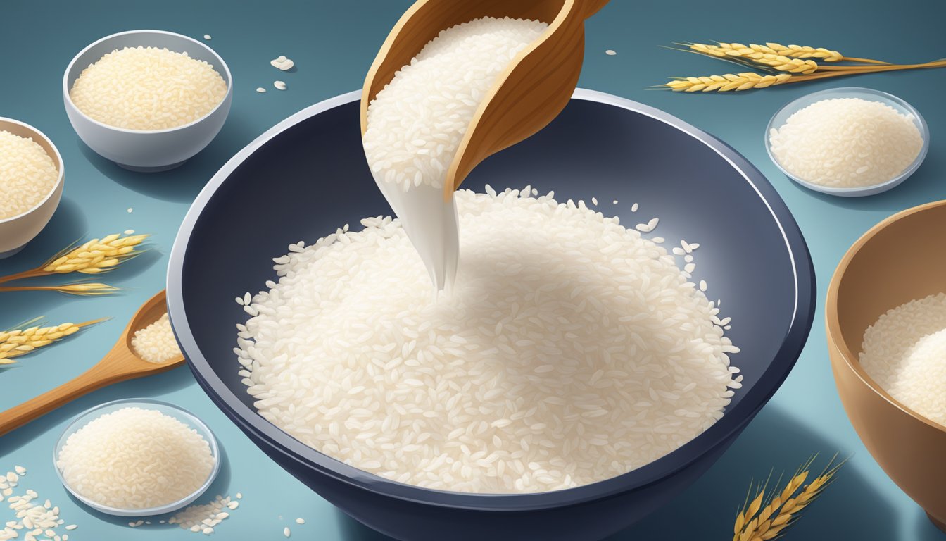 A pound of rice flour pouring into a bowl, with several tablespoons scattered around