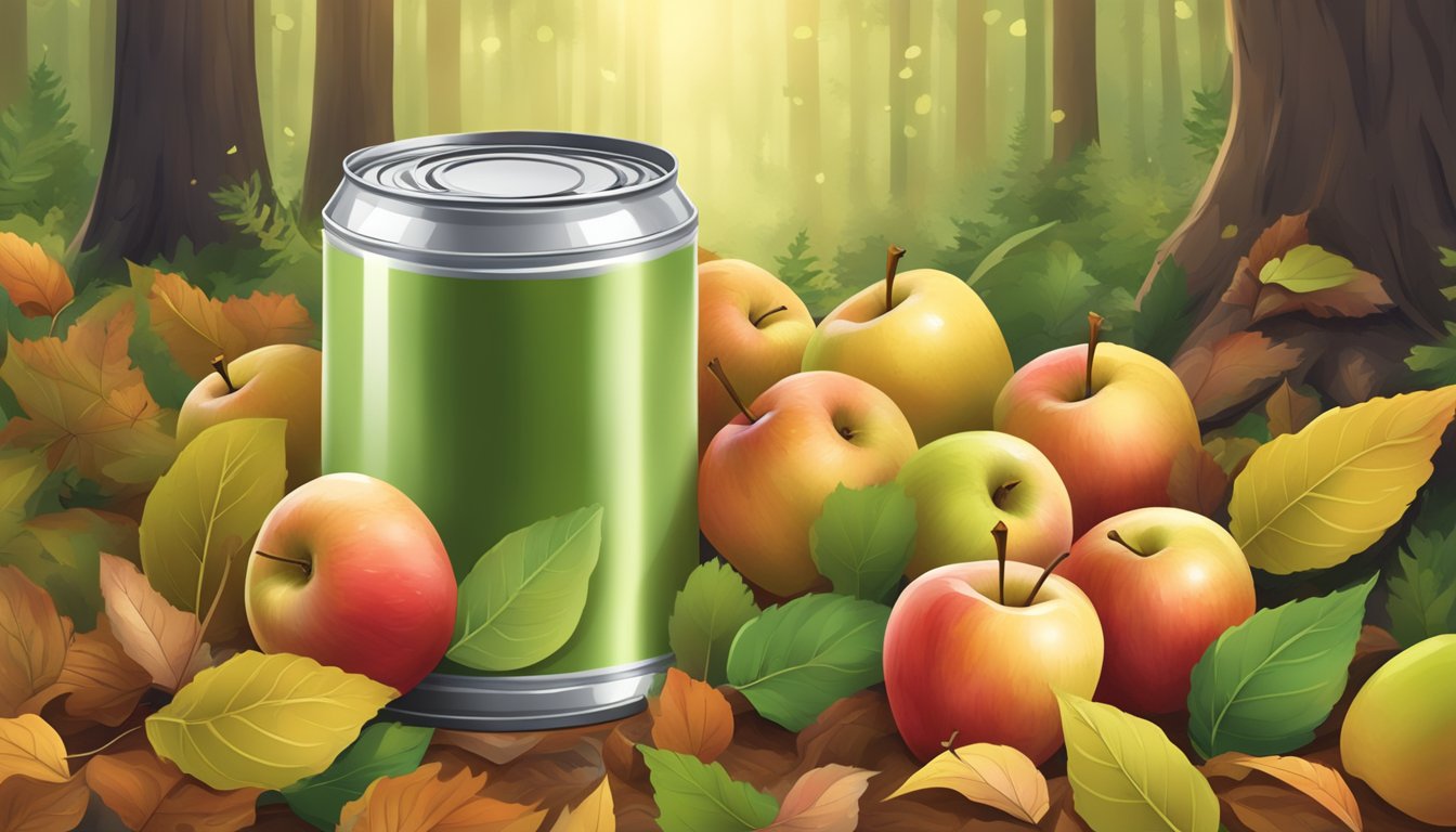 A can of applesauce surrounded by fallen apples and leaves in a forest clearing