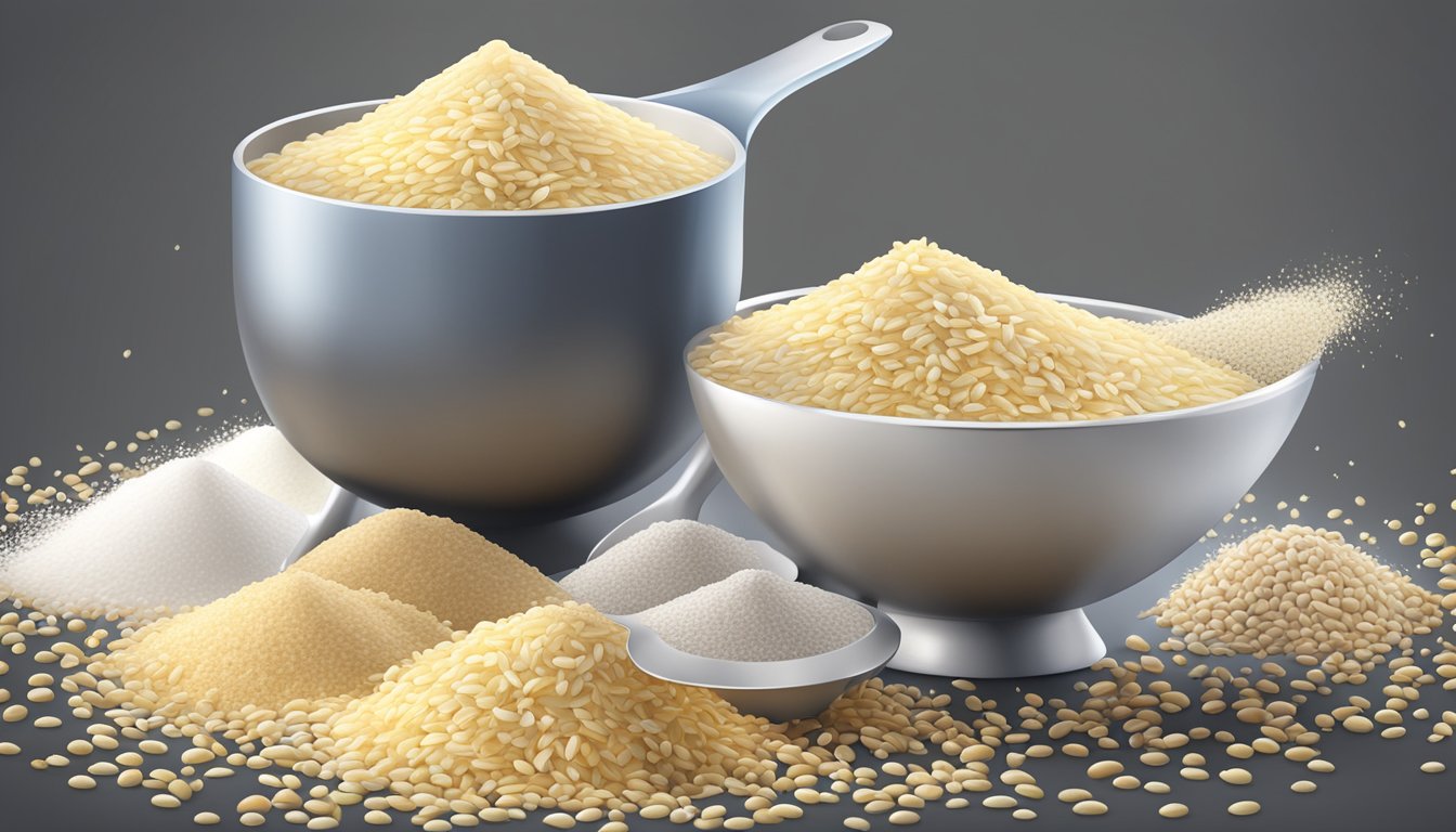 A pound of rice flour pouring into a measuring spoon, surrounded by additional spoons and scattered grains