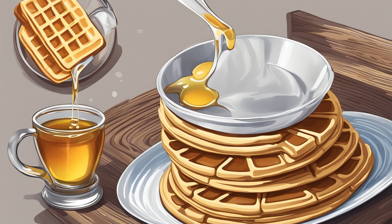 A measuring cup pouring maple syrup over a stack of waffles