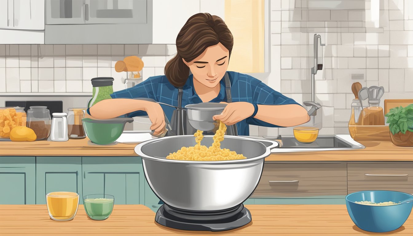 A person pours and measures ingredients into mixing bowl for waffle topping