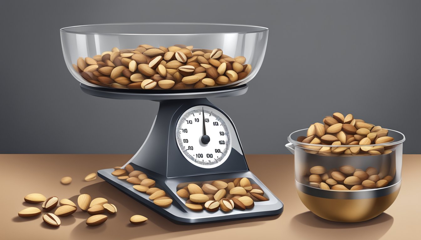 A scale with a pile of brazil nuts on one side and a measuring cup on the other