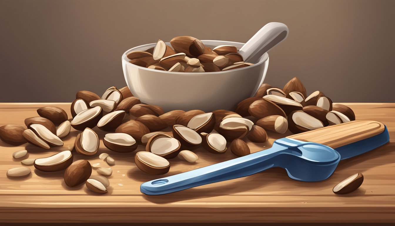 A pound of Brazil nuts spills from a measuring cup onto a wooden cutting board