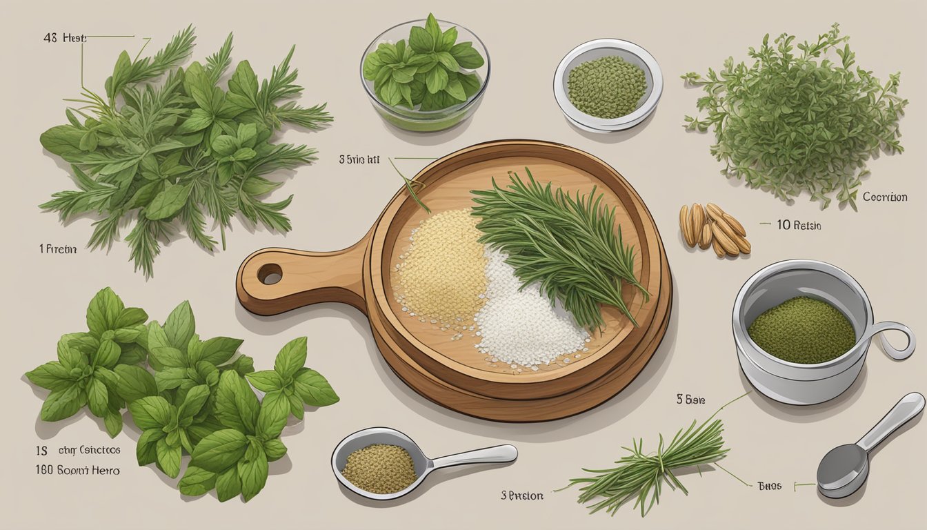 A table with fresh and dried herbs, measuring spoons, and a conversion chart