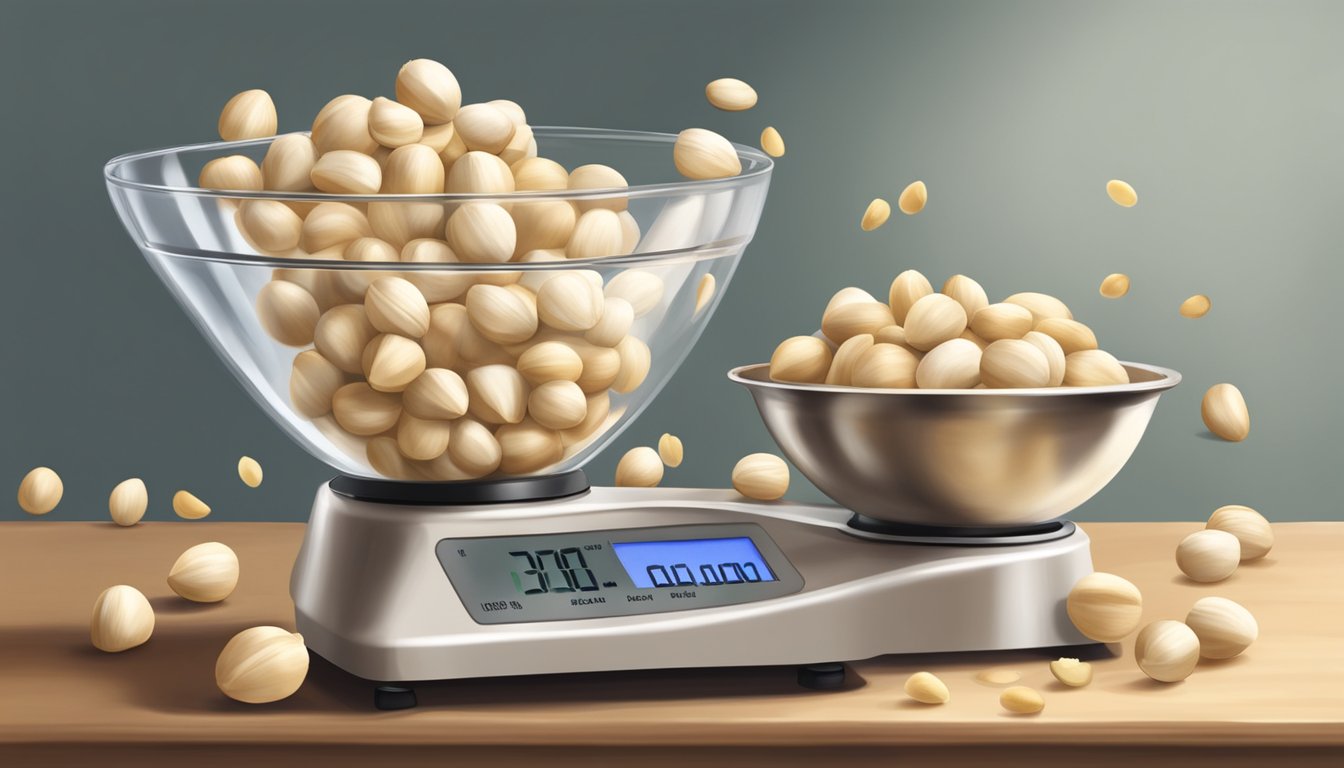 A pound of macadamia nuts spills out onto a kitchen scale, filling it to the brim with the creamy, ivory-colored nuts