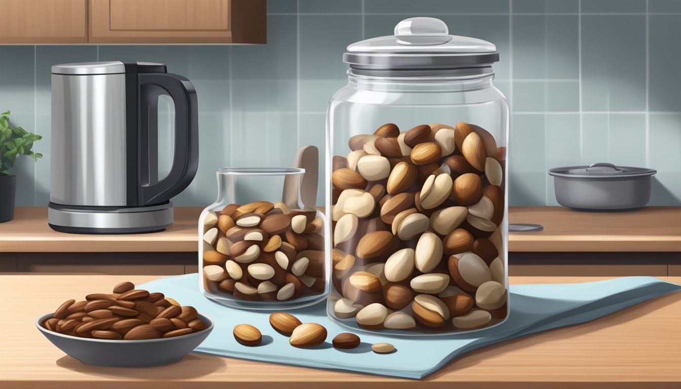 A clear glass jar filled with brazil nuts, a measuring cup, and a scale on a clean kitchen counter