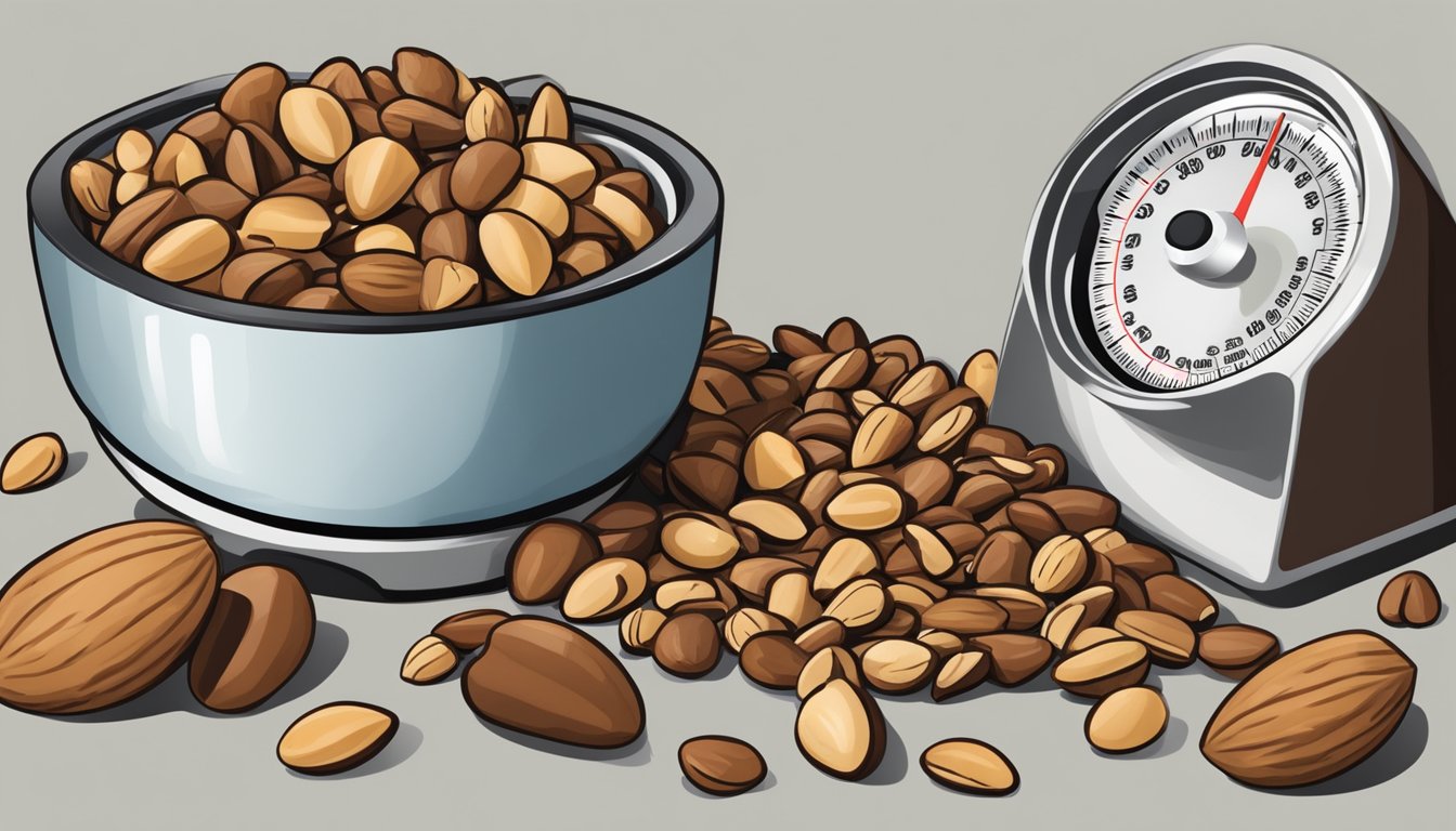 A pound of brazil nuts spilling out of a measuring cup, surrounded by scattered nuts and a kitchen scale