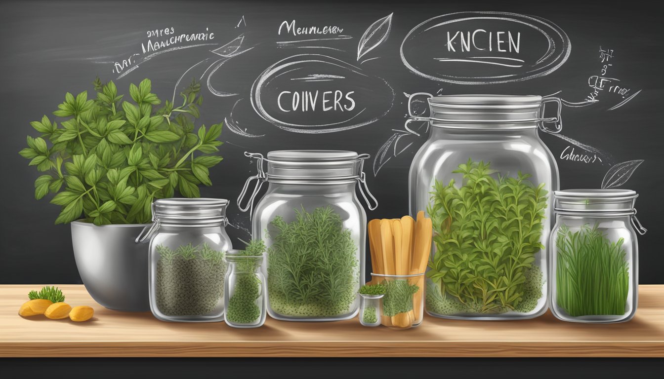 A kitchen counter with fresh herbs in measuring cups and dried herbs in jars, with conversion measurements written on a chalkboard