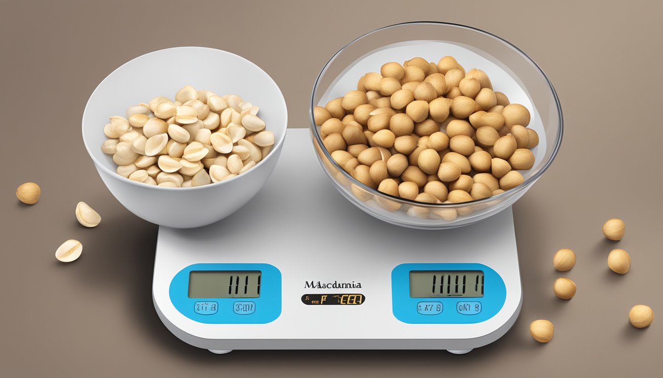 A digital kitchen scale displaying 2 cups of macadamia nuts next to a 1-pound bag