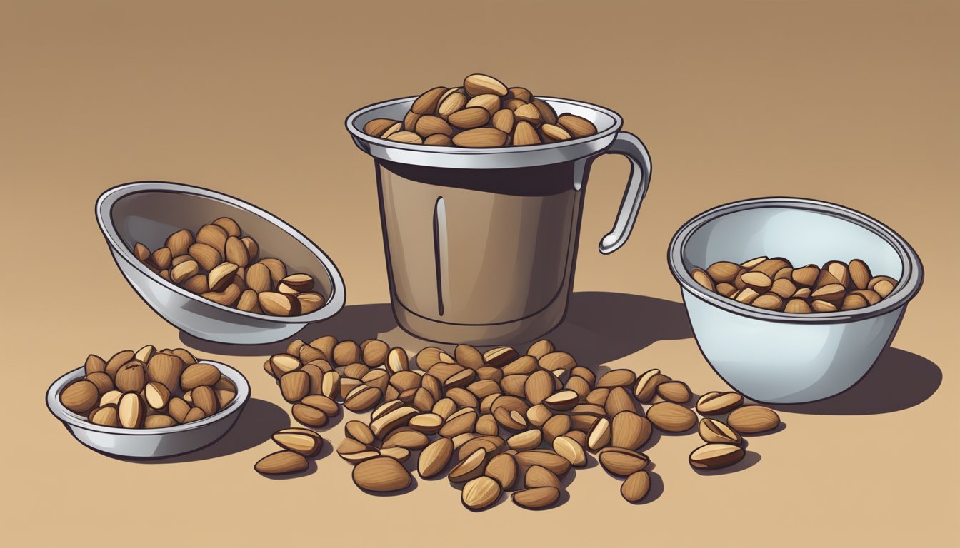 A pound of brazil nuts spills out of a measuring cup, while other types of nuts are arranged in smaller quantities for comparison