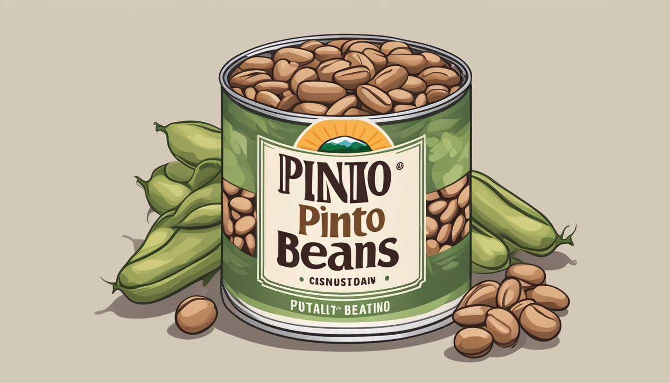 A can of pinto beans surrounded by loose beans, with the label facing outwards