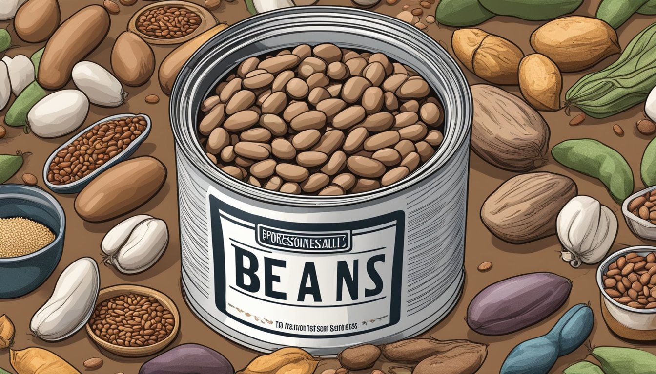 A can of pinto beans surrounded by various other types of beans, with a measuring scale showing the weight in ounces