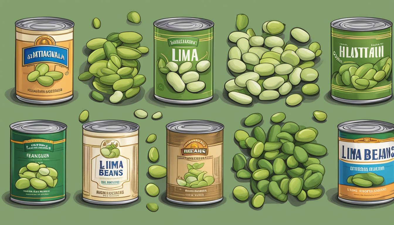 A can of lima beans, labeled with different types, surrounded by loose beans