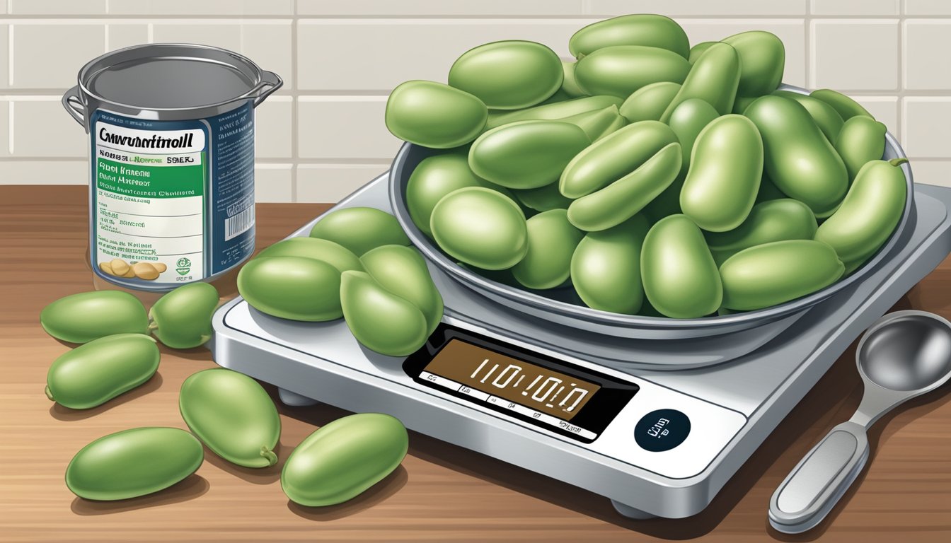 A can of lima beans sits on a kitchen counter, surrounded by measuring cups and a food scale. The label displays the nutritional information